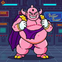 Fat Majin Buu in 8-bit pixel art style, showcasing his iconic pink skin, round body, and cheerful expression, standing in a classic fighting pose with his purple cape and white gloves