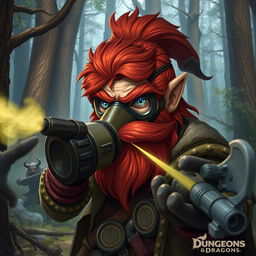 In a fantastical Dungeons & Dragons forest setting, a red-haired male rock gnome with striking sapphire-blue eyes, a prominent red beard, and mustache dons a protective gas mask