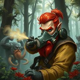 In a fantastical Dungeons & Dragons forest setting, a red-haired male rock gnome with striking sapphire-blue eyes, a prominent red beard, and mustache dons a protective gas mask