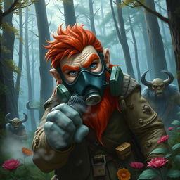 In a fantastical Dungeons & Dragons forest setting, a red-haired male rock gnome with striking sapphire-blue eyes, a prominent red beard, and mustache dons a protective gas mask