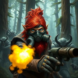 In a fantastical Dungeons & Dragons forest setting, a red-haired male rock gnome with striking sapphire-blue eyes, a prominent red beard, and mustache dons a protective gas mask