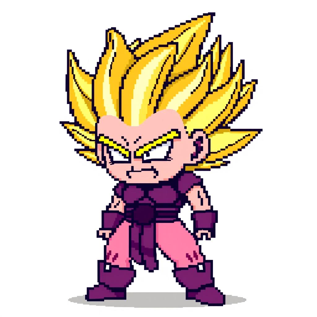 Majin Buu transformed into a Super Saiyan, depicted in 8-bit pixel art style