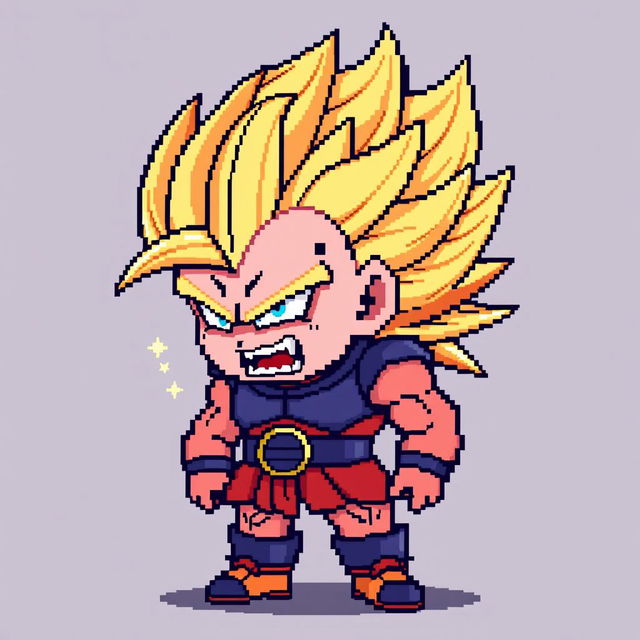 Majin Buu transformed into a Super Saiyan, depicted in 8-bit pixel art style