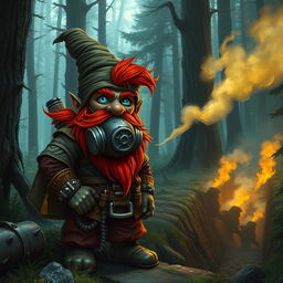 In a fantastical Dungeons & Dragons forest setting, a red-haired male rock gnome with sapphire-blue eyes, a striking red beard, and mustache is equipped with a protective gas mask