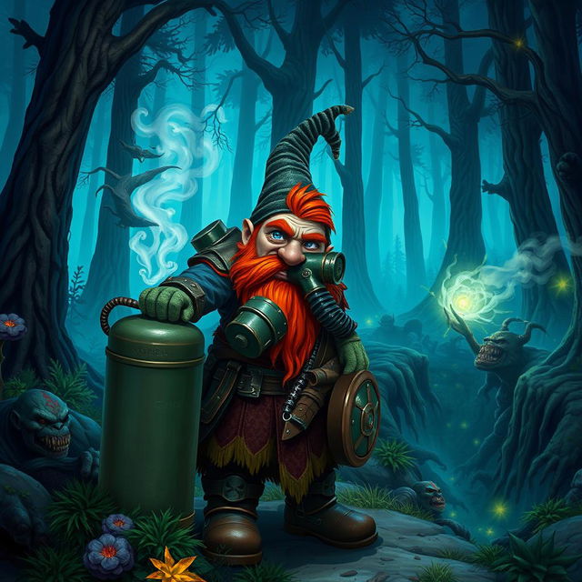 In a fantastical Dungeons & Dragons forest setting, a red-haired male rock gnome with sapphire-blue eyes, a striking red beard, and mustache is equipped with a protective gas mask