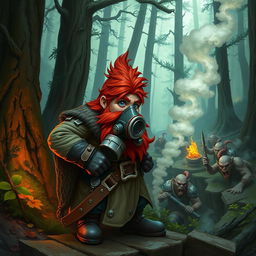 In a fantastical Dungeons & Dragons forest setting, a red-haired male rock gnome with sapphire-blue eyes, a striking red beard, and mustache is equipped with a protective gas mask