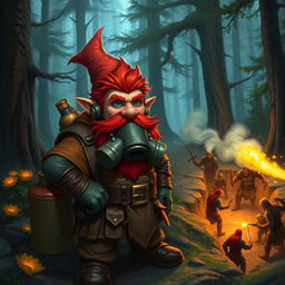 In a fantastical Dungeons & Dragons forest setting, a red-haired male rock gnome with sapphire-blue eyes, a striking red beard, and mustache is equipped with a protective gas mask