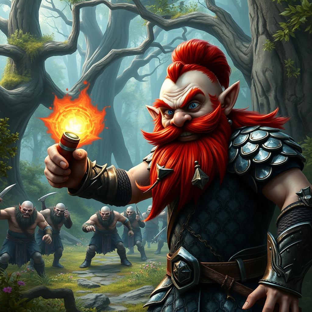 In a fantastical Dungeons & Dragons forest setting, a red-haired male rock gnome with sapphire-blue eyes, a bright red beard, and evil mustache is clad in gleaming scale mail