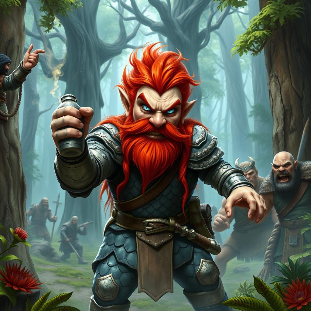 In a fantastical Dungeons & Dragons forest setting, a red-haired male rock gnome with sapphire-blue eyes, a bright red beard, and evil mustache is clad in gleaming scale mail