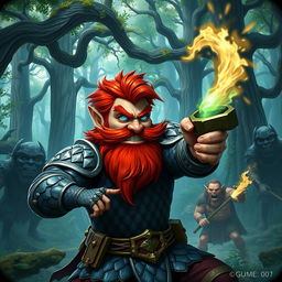 In a fantastical Dungeons & Dragons forest setting, a red-haired male rock gnome with sapphire-blue eyes, a bright red beard, and evil mustache is clad in gleaming scale mail