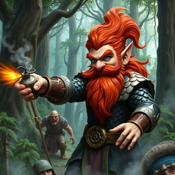 In a fantastical Dungeons & Dragons forest setting, a red-haired male rock gnome with sapphire-blue eyes, a bright red beard, and evil mustache is clad in gleaming scale mail