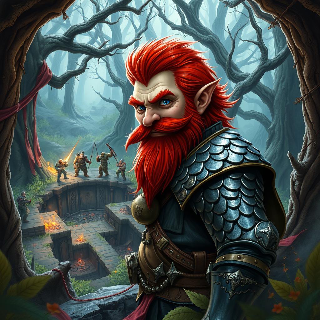 In a fantastical Dungeons & Dragons forest setting, a red-haired male rock gnome with sapphire-blue eyes, a vivid red beard, and mustache is equipped with gleaming scale mail