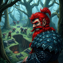 In a fantastical Dungeons & Dragons forest setting, a red-haired male rock gnome with sapphire-blue eyes, a vivid red beard, and mustache is equipped with gleaming scale mail