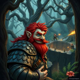 In a fantastical Dungeons & Dragons forest setting, a red-haired male rock gnome with sapphire-blue eyes, a vivid red beard, and mustache is equipped with gleaming scale mail