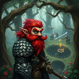 In a fantastical Dungeons & Dragons forest setting, a red-haired male rock gnome with sapphire-blue eyes, a vivid red beard, and mustache is equipped with gleaming scale mail