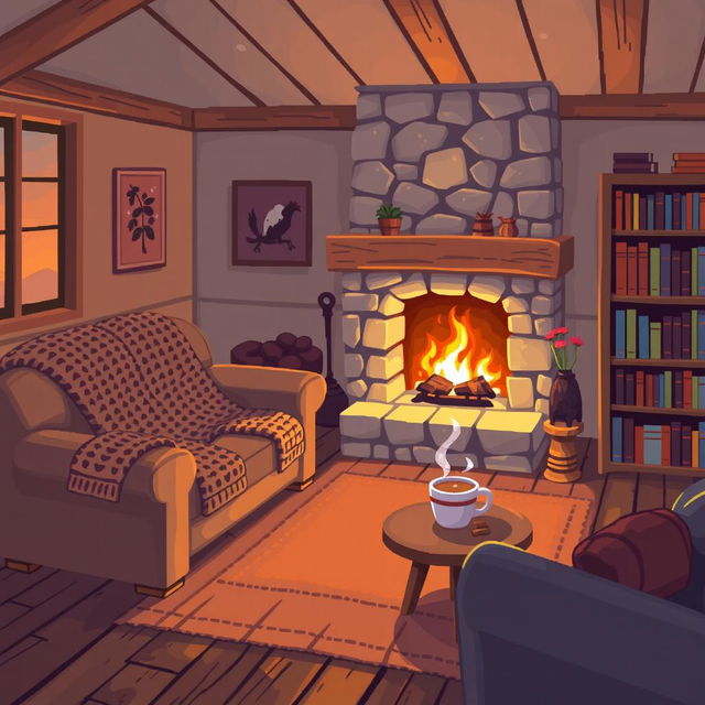 A cozy house interior with warm, inviting furnishings rendered in a pixel art style