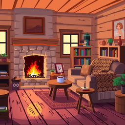 A cozy house interior with warm, inviting furnishings rendered in a pixel art style