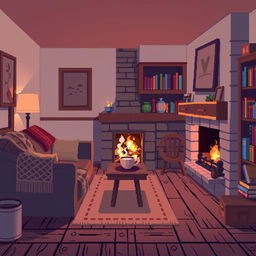 A cozy house interior with warm, inviting furnishings rendered in a pixel art style