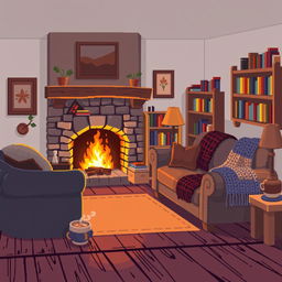 A cozy house interior with warm, inviting furnishings rendered in a pixel art style