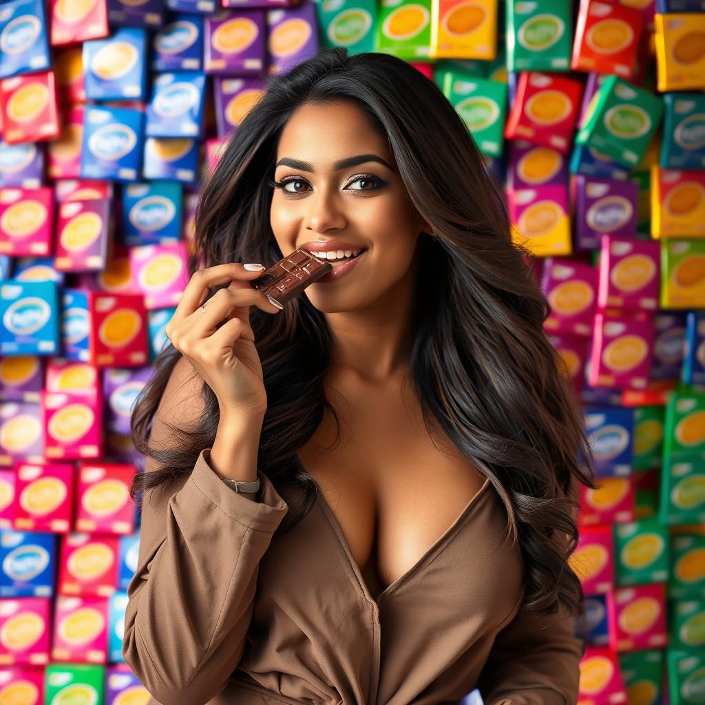 An attractive Indian woman with luscious flowing hair and wearing a stylish outfit, playfully eating chocolate