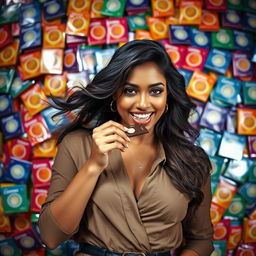 An attractive Indian woman with luscious flowing hair and wearing a stylish outfit, playfully eating chocolate