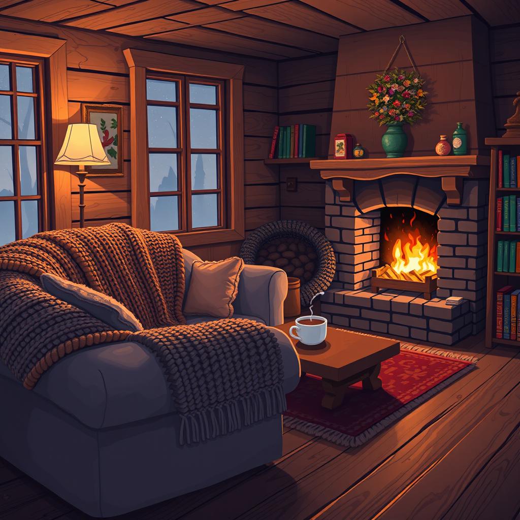 A cozy house interior with warm, inviting furnishings, depicted in a high-resolution pixel art style with greater detail