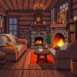 A cozy house interior with warm, inviting furnishings, depicted in a high-resolution pixel art style with greater detail