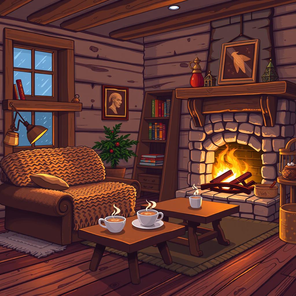 A cozy house interior with warm, inviting furnishings, depicted in a high-resolution pixel art style with greater detail