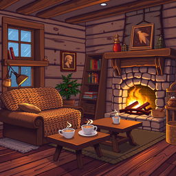 A cozy house interior with warm, inviting furnishings, depicted in a high-resolution pixel art style with greater detail