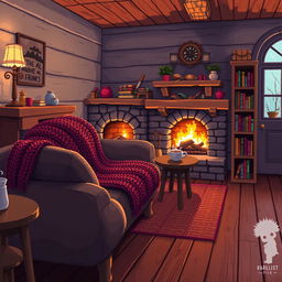 A cozy house interior with warm, inviting furnishings, depicted in a high-resolution pixel art style with greater detail