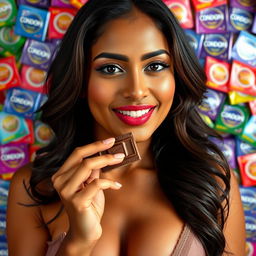 An alluring Indian woman with captivating features, wearing revealing attire that highlights her curves and ample cleavage, playfully enjoying a piece of chocolate