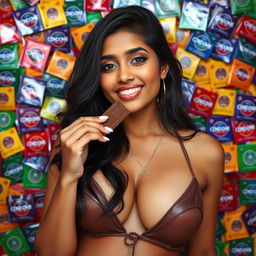 An alluring Indian woman with captivating features, wearing revealing attire that highlights her curves and ample cleavage, playfully enjoying a piece of chocolate