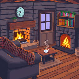 A cozy house interior crafted in pixel art style