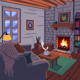 A cozy house interior crafted in pixel art style