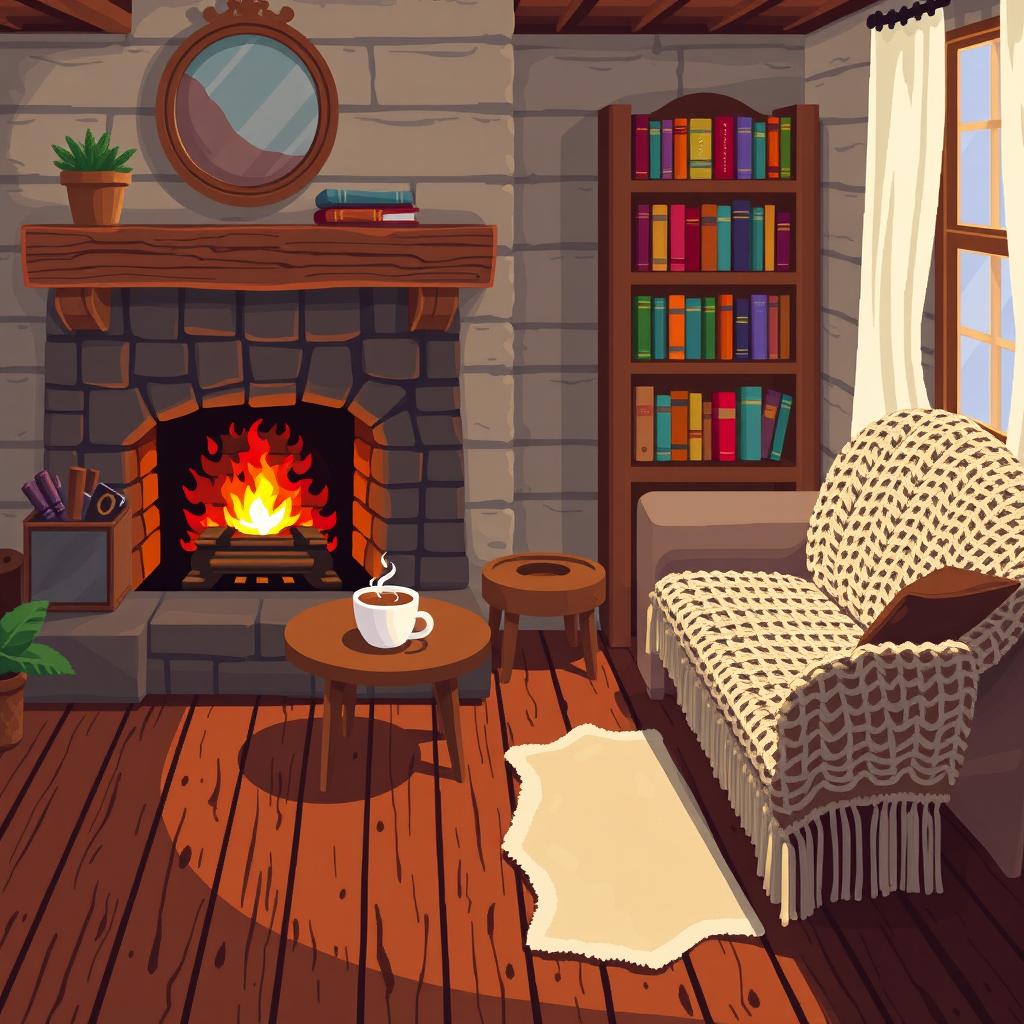 A cozy house interior crafted in pixel art style