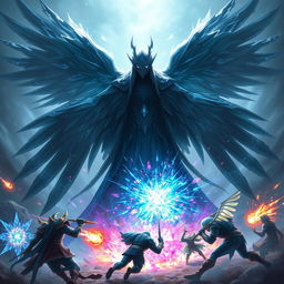 Anivia, the Cryophoenix, cloaked in dark shadows, performing an awe-inspiring pentakill against five opposing players