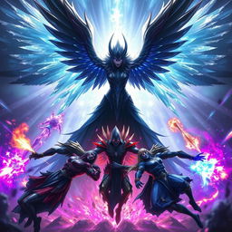 Anivia, the Cryophoenix, cloaked in dark shadows, performing an awe-inspiring pentakill against five opposing players