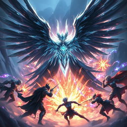 Anivia, the Cryophoenix, cloaked in dark shadows, performing an awe-inspiring pentakill against five opposing players