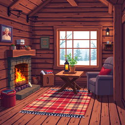 A beautifully detailed pixel art depiction of a cozy wooden house interior