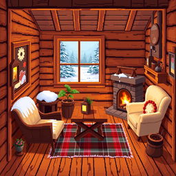 A beautifully detailed pixel art depiction of a cozy wooden house interior