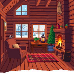 A beautifully detailed pixel art depiction of a cozy wooden house interior