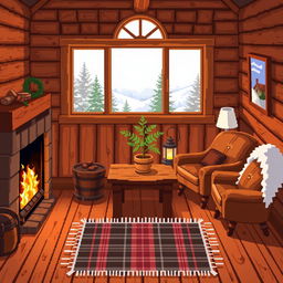 A beautifully detailed pixel art depiction of a cozy wooden house interior