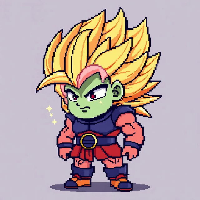 A chibi Super Saiyan with golden spiky hair, fierce expression, and muscular build, in traditional combat attire with a belt and wristbands