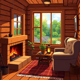 A beautifully detailed pixel art depiction of a cozy wooden house interior