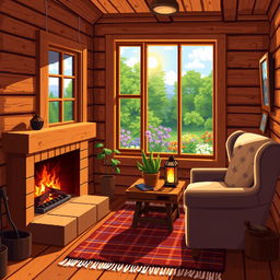 A beautifully detailed pixel art depiction of a cozy wooden house interior