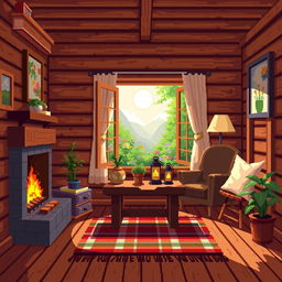 A beautifully detailed pixel art depiction of a cozy wooden house interior