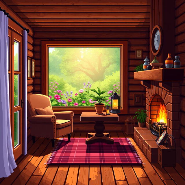 A beautifully detailed pixel art depiction of a cozy wooden house interior