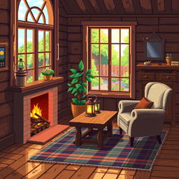 A beautifully detailed pixel art depiction of a cozy wooden house interior