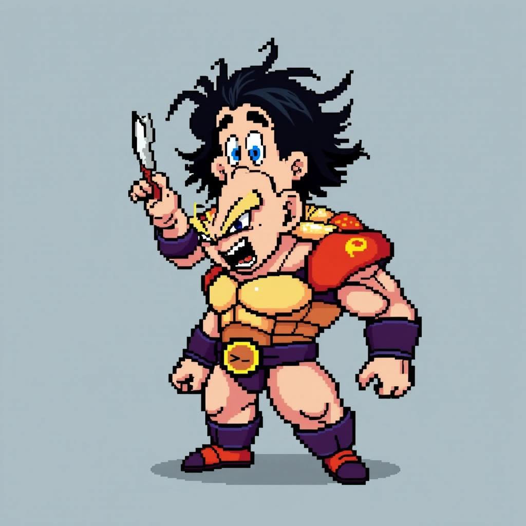 An 8-bit character design inspired by classic video games, featuring a muscular fighter with intense black hair styled spikily, wearing a futuristic battle armor with red shoulder pads and a golden belt