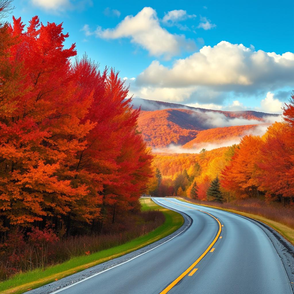 A picturesque country road in New Hampshire, winding through a breathtaking autumn landscape